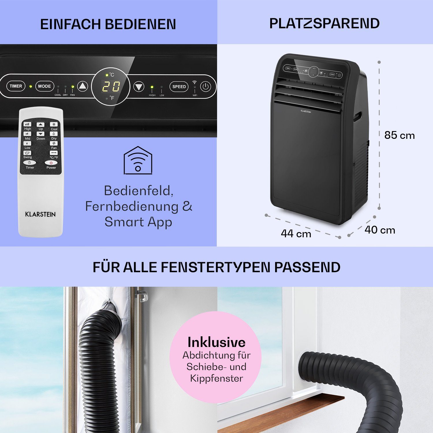 Klarstein Klimagerät Metrobreeze New York Smart 12k, Klimagerät mobil Air Conditioner Kühlgerät Luftkühler