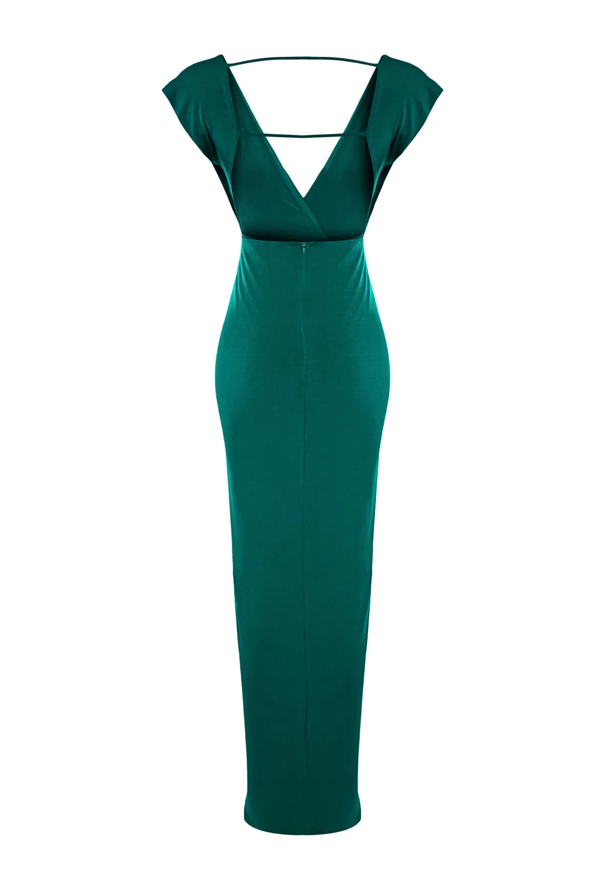 Trendyol Collection  Smaragdgrünes gefüttertes langes Abendkleid mit Strickpaspelierung TPRSS22AE0034