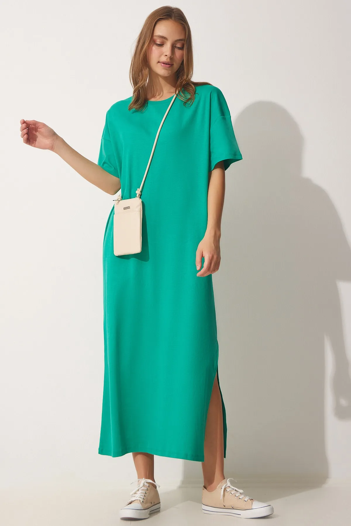 Happiness İstanbul  Damen-Sommerkleid aus dunkelgrüner Baumwolle aus gekämmter Baumwolle UB00080