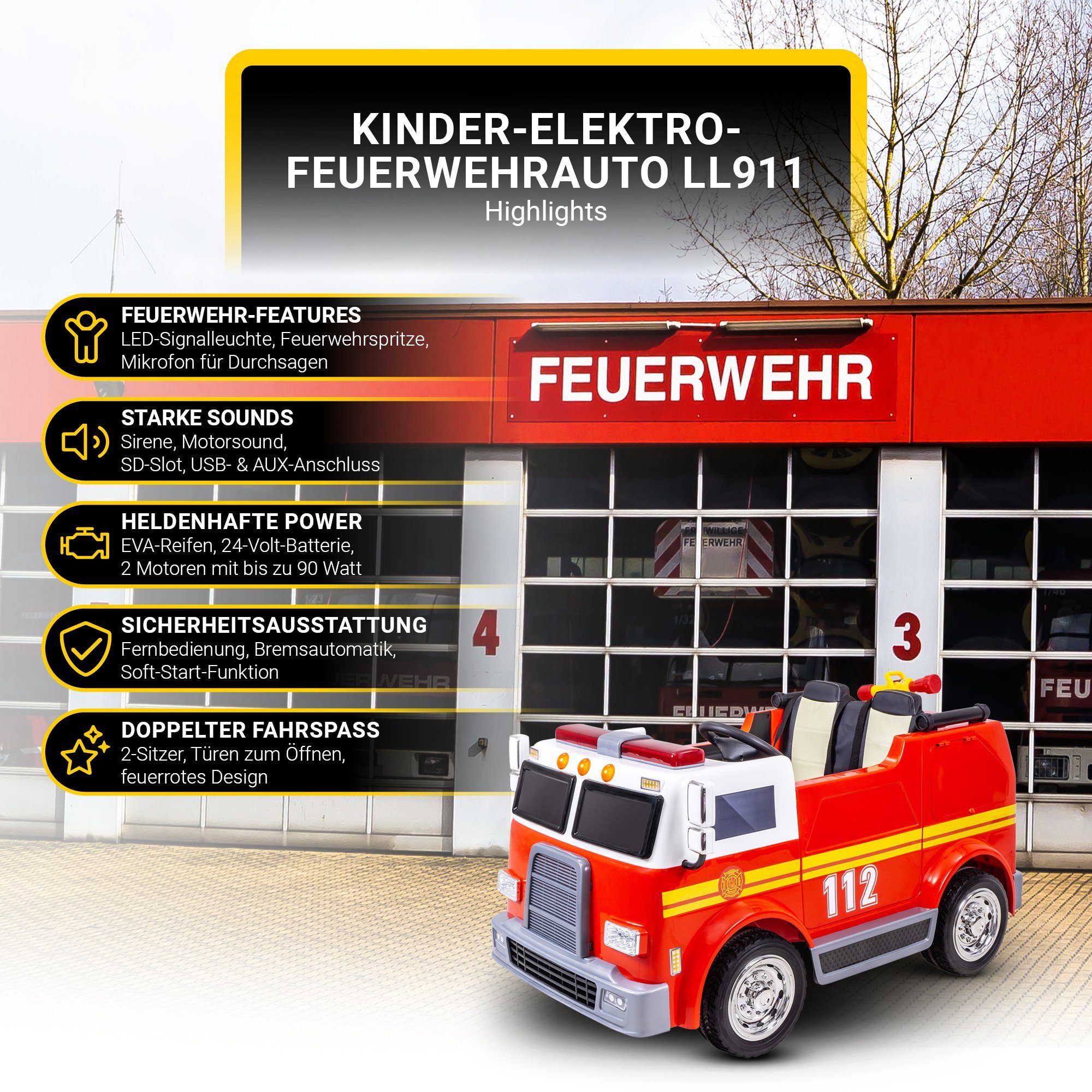 Actionbikes Motors Electric children's car children's fire brigade car LL911 electric - remote control - syringe & siren, load capacity 40 kg, (2-piece), children's vehicle toy two-seater from 3 years old electric
