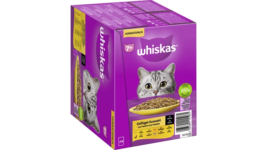 Whiskas® Portionsbeutel 7+ Geflügel Auswahl in Sauce Katzennassfutter 2040 g