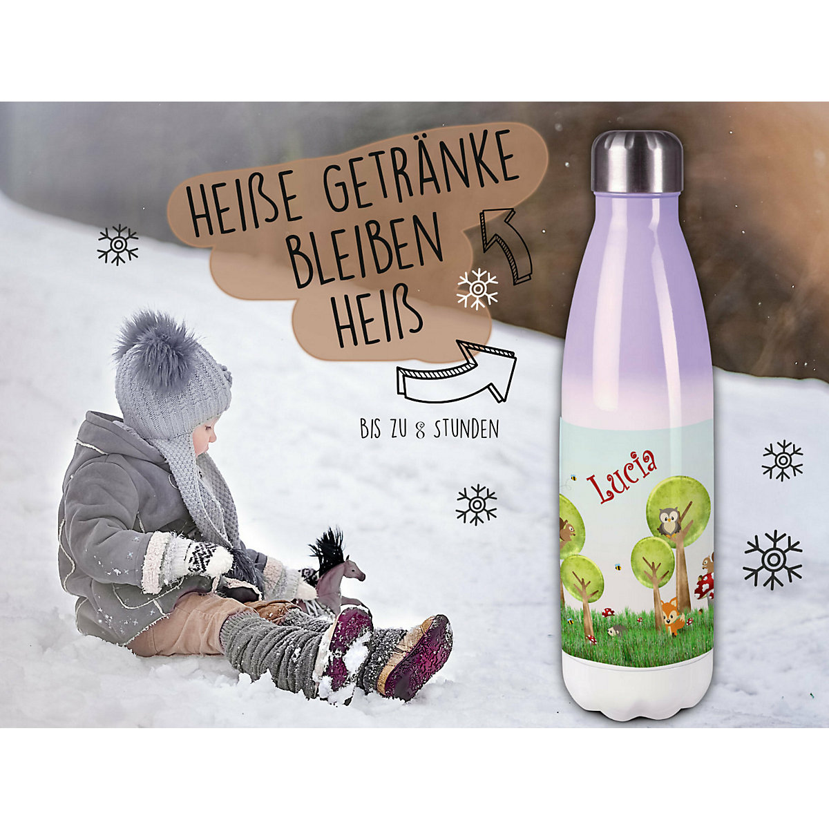 Edelstahl Kinder Thermoflasche / Trinkflasche bunt Waldwiese Spülmaschinenfest, Auslaufsicher, Bruchfest, Doppelwandig, Für Heißgetränke geeignet, Mit Deckel, Isoliert