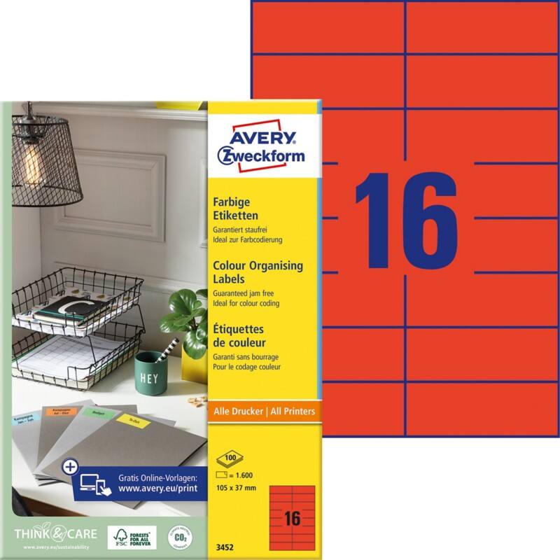 AVERY Zweckform Etiketten 3452 Selbsthaftend DIN A4 Rot 105 x 37 mm 100 Blatt à 16 Etiketten