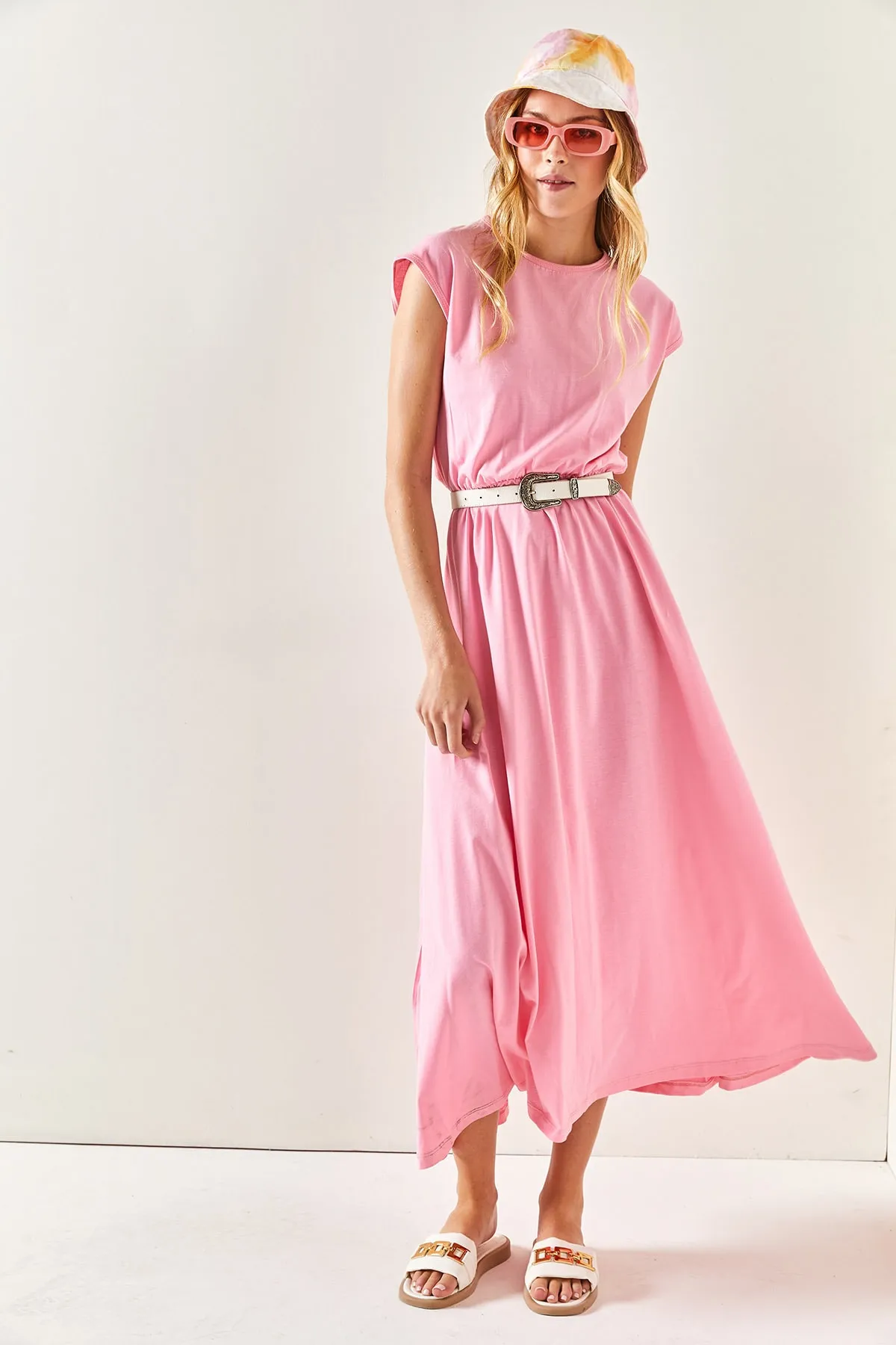 Olalook  Rosa Fledermaus-Baumwollkleid für Damen mit elastischem Bund ELB-19001509