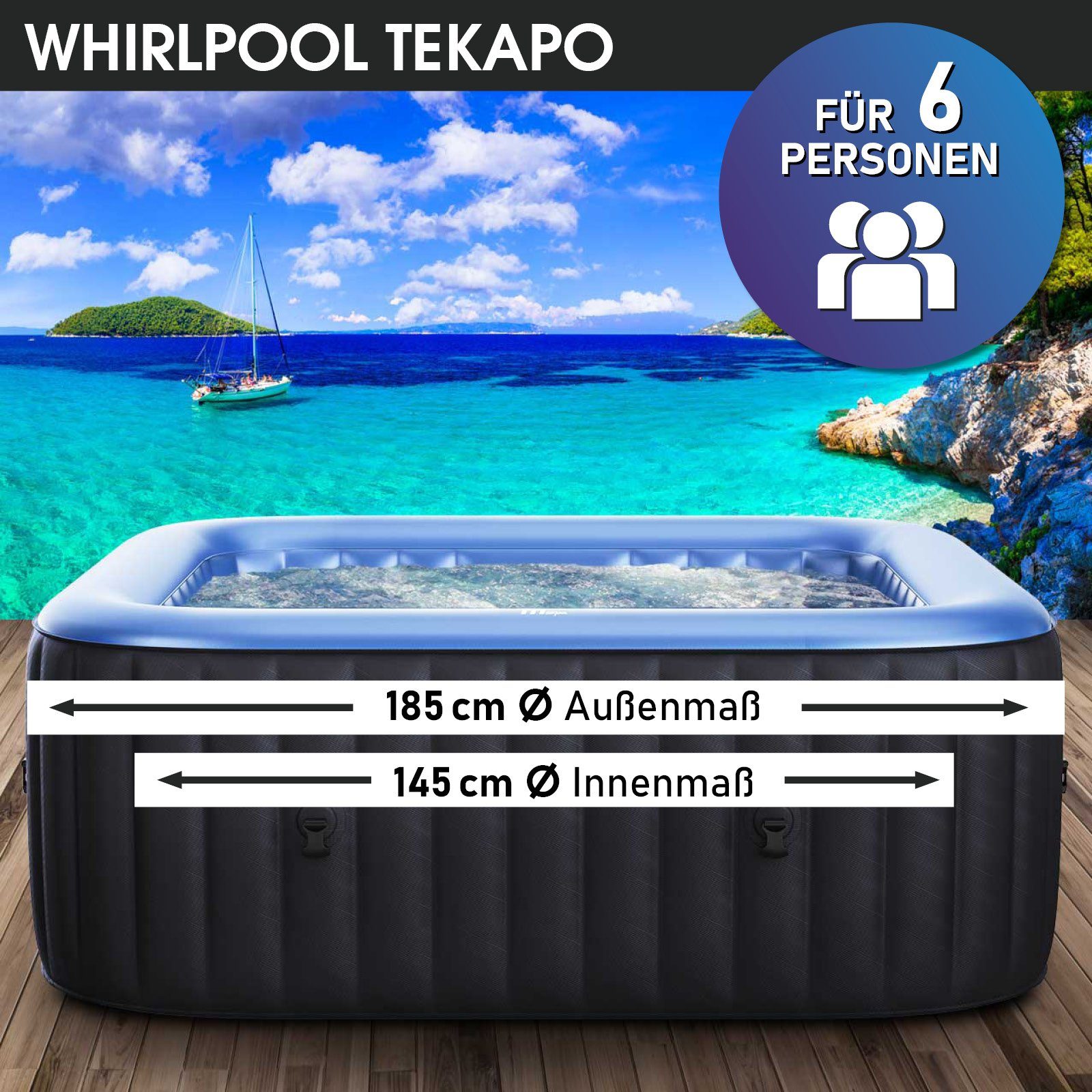BRAST Whirlpool BRAST aufblasbar Tekapo für 6 Personen 185x185cm, (In-Outdoor Pool 132 Massagedüsen Timer Heizung), Aufblasfunktion per Knopfdruck Bubble Spa Wellness Massage