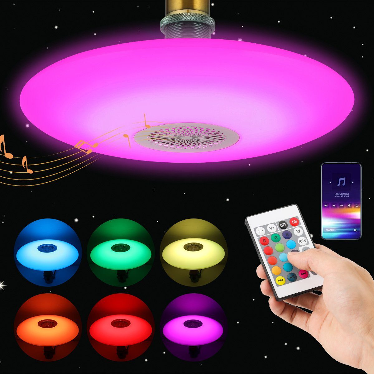 oyajia Deckenleuchte 48W E27 LED Deckenlampe mit Bluetooth Lautsprecher, mit Fernbedienung, LED fest integriert, RGB, Dimmbar LED RGB Lampe Leuchtmittel, für Home Stage Party Weihnachtsdeko