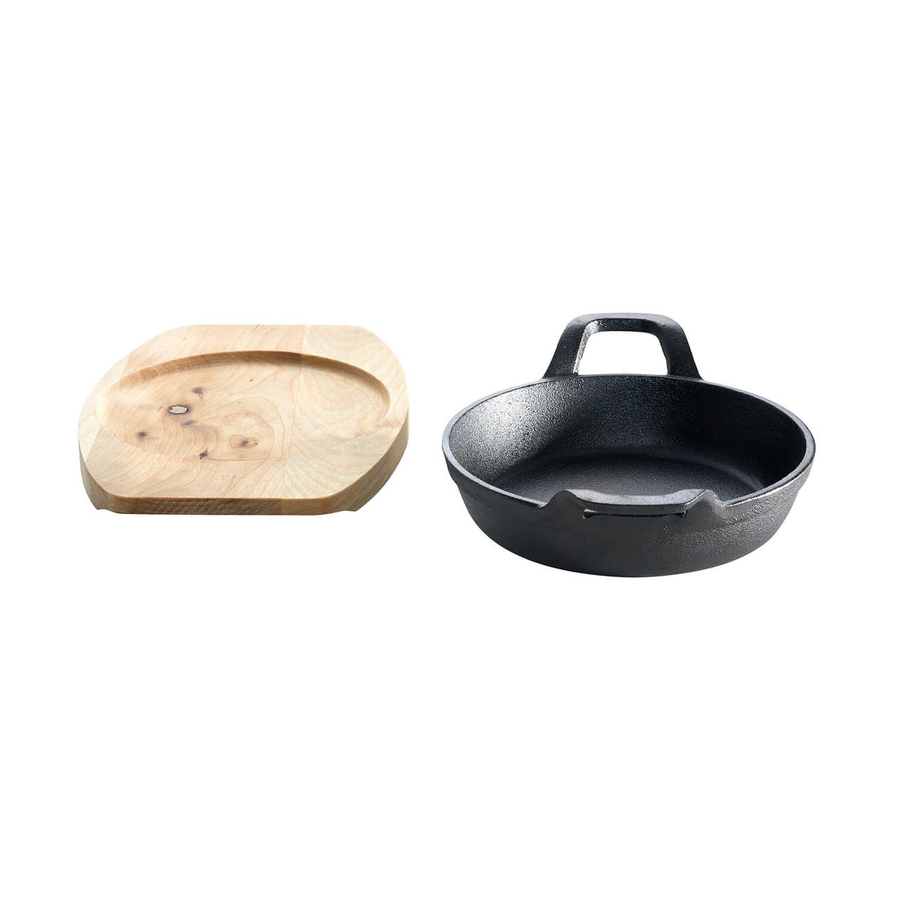 Allgrill Guss-Servierpfanne und Holzuntersetzer 15cm rund schwarz