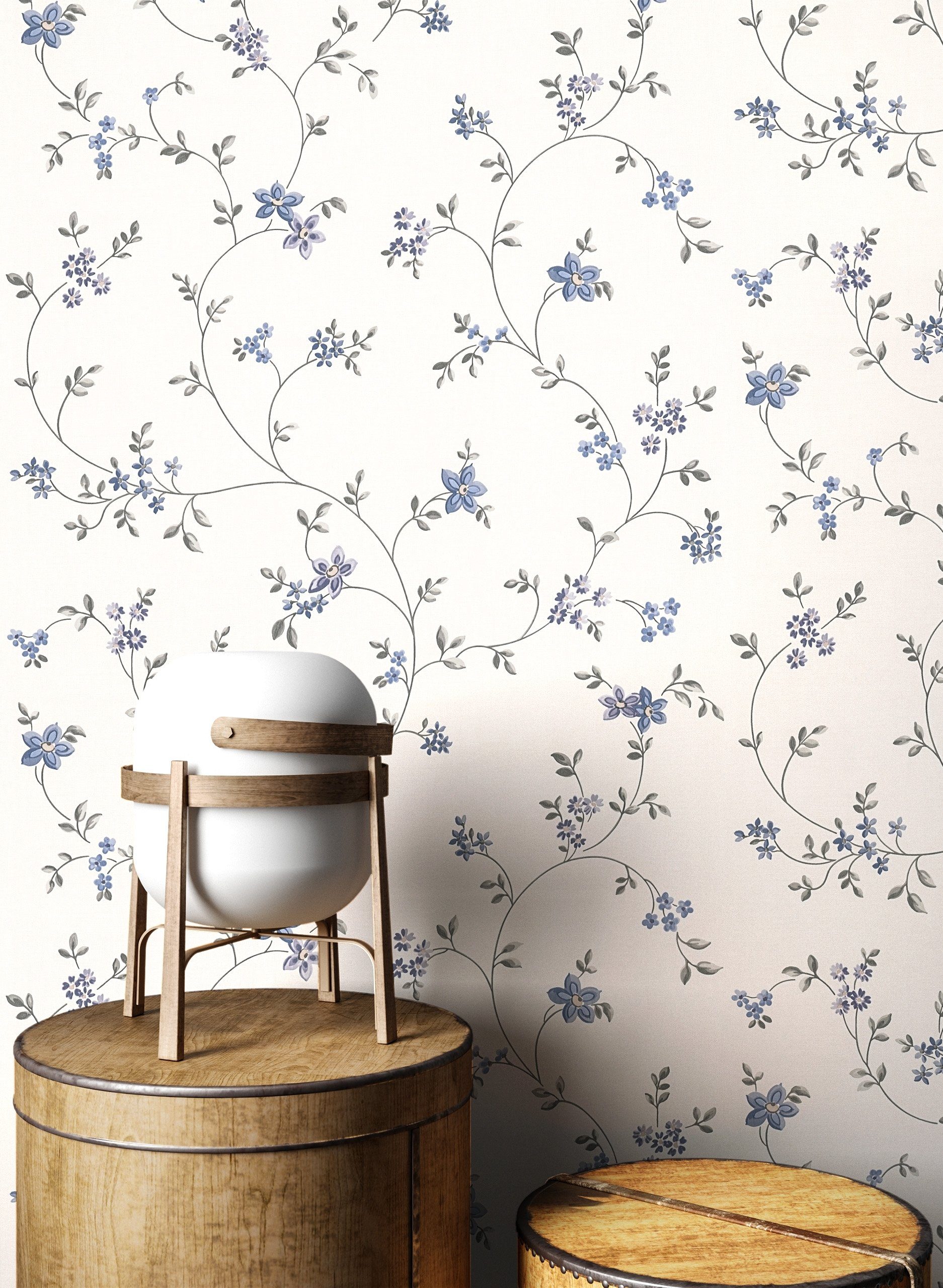Newroom Vliestapete, Blau Tapete Floral Blumen - Vintage Blumentapete Grau Weiß Romantisch 3D Optik Blätter Blüten für Schlafzimmer Wohnzimmer Küche