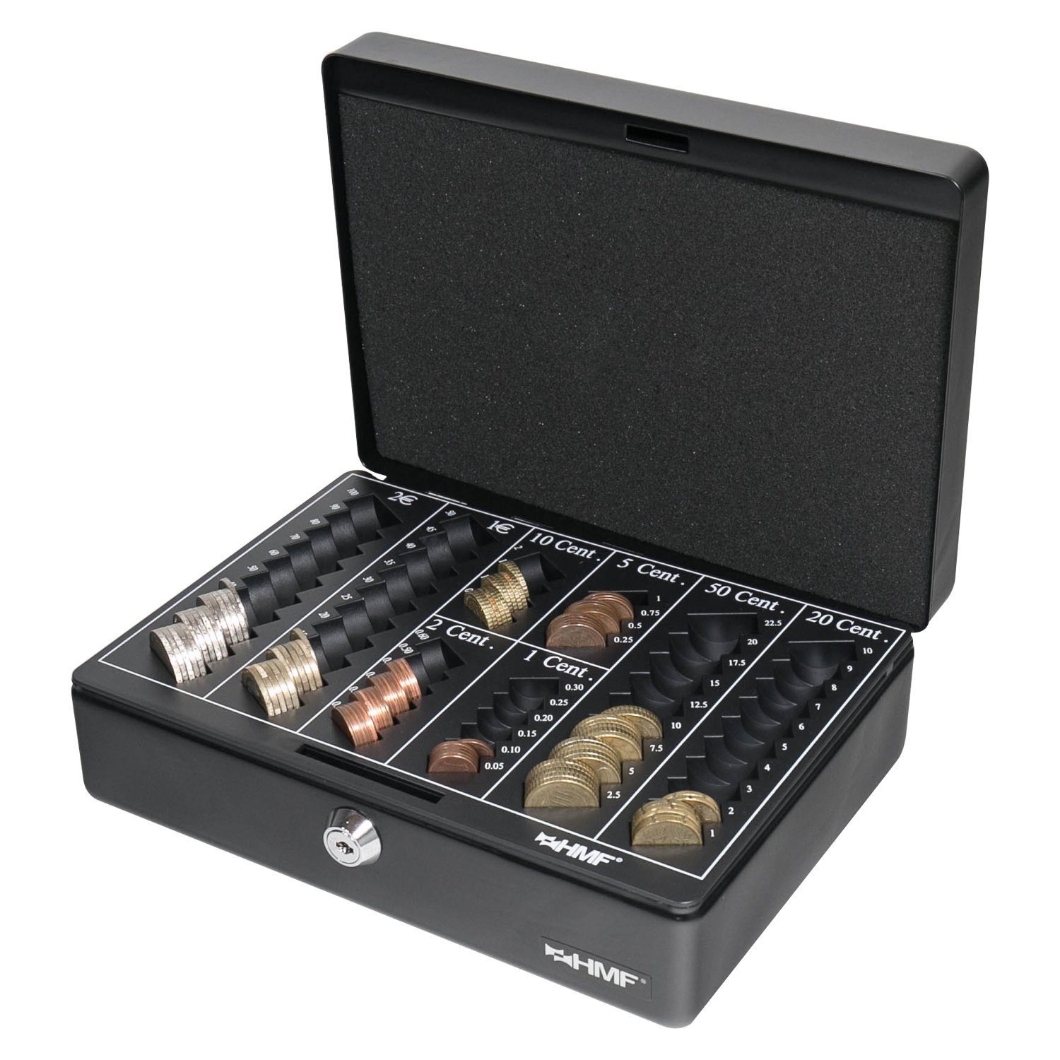 HMF Geldkassette Abschließbare Bargeldkasse mit Münzzählbrett, hochwertige Geldbox mit Schlüssel, 25x18x9 cm