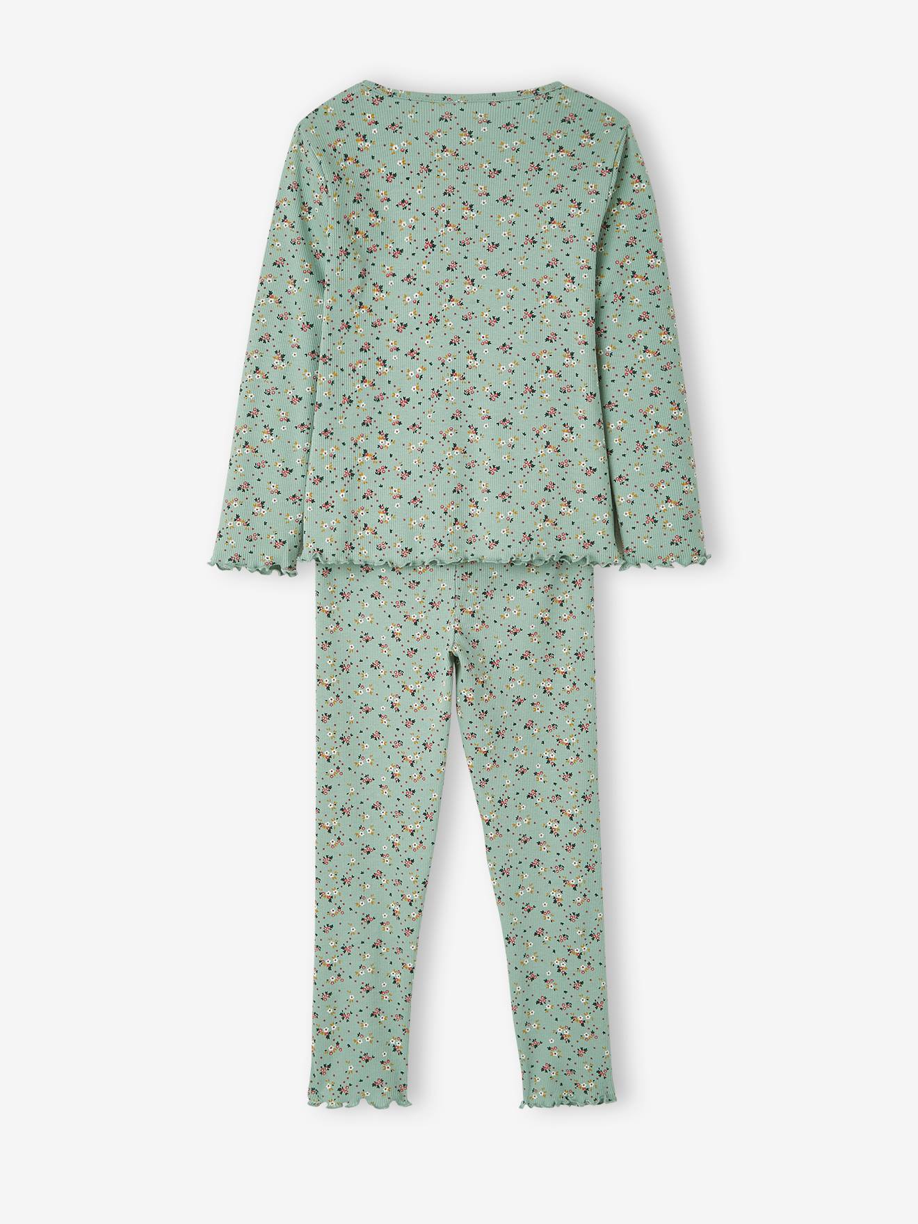 Pyjama fille fleuri en maille côtelée light sauge