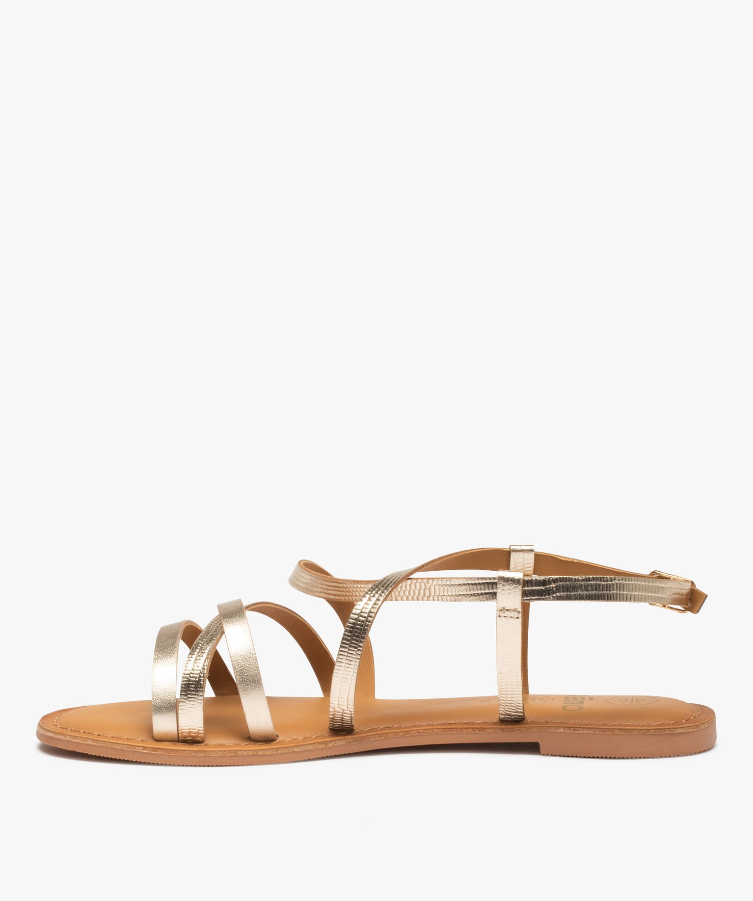 Sandales femme à talon plat et fines brides en cuir métall... or | GEMO