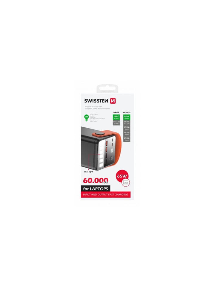Swissten 60000mAh 65 Powerbank Ladegerät PowerDelivery 3.0, Qualcomm in Schwarz günstig kaufen 135 cm