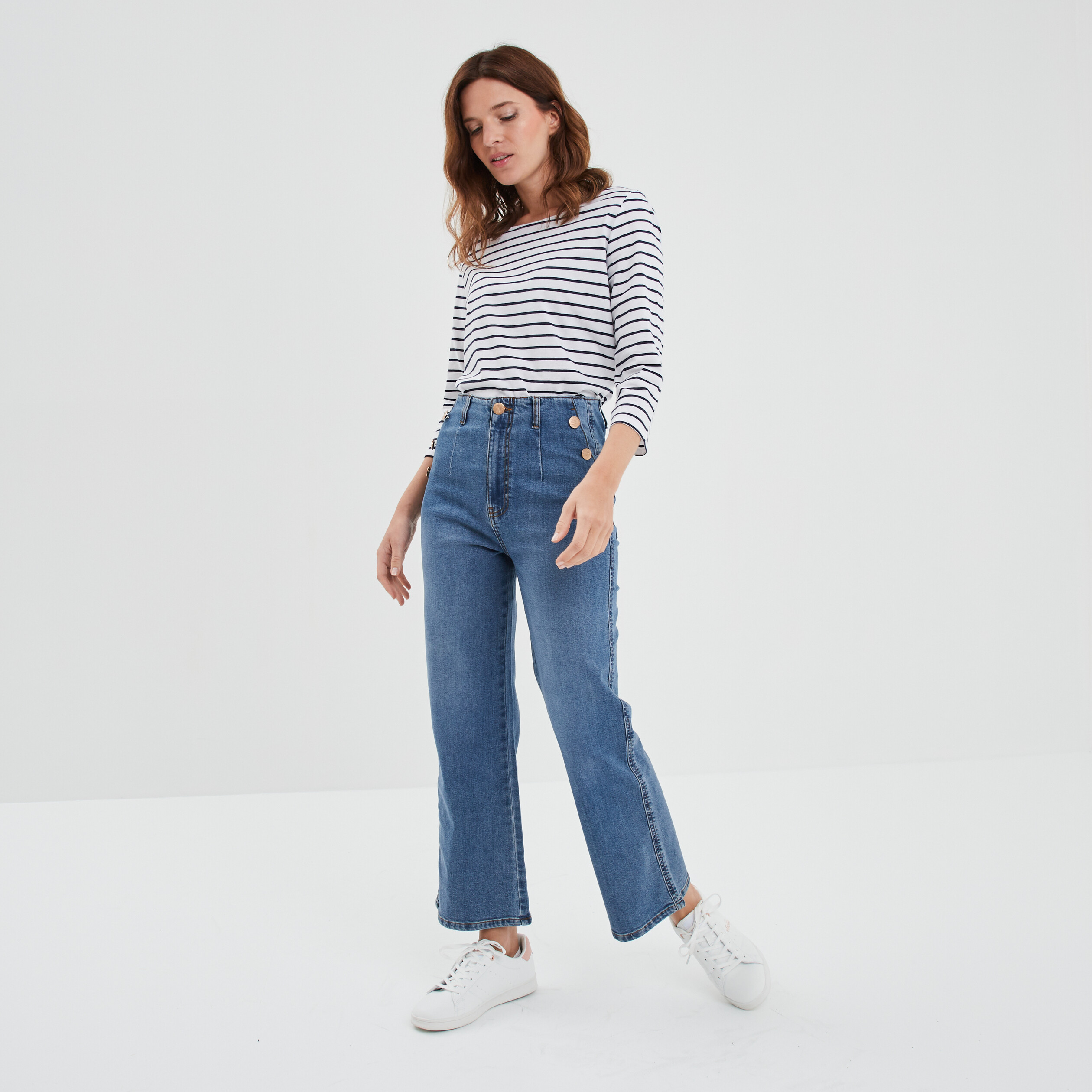 Jeans jambe large à ponts 7 8ème denim double stone femme | La Halle