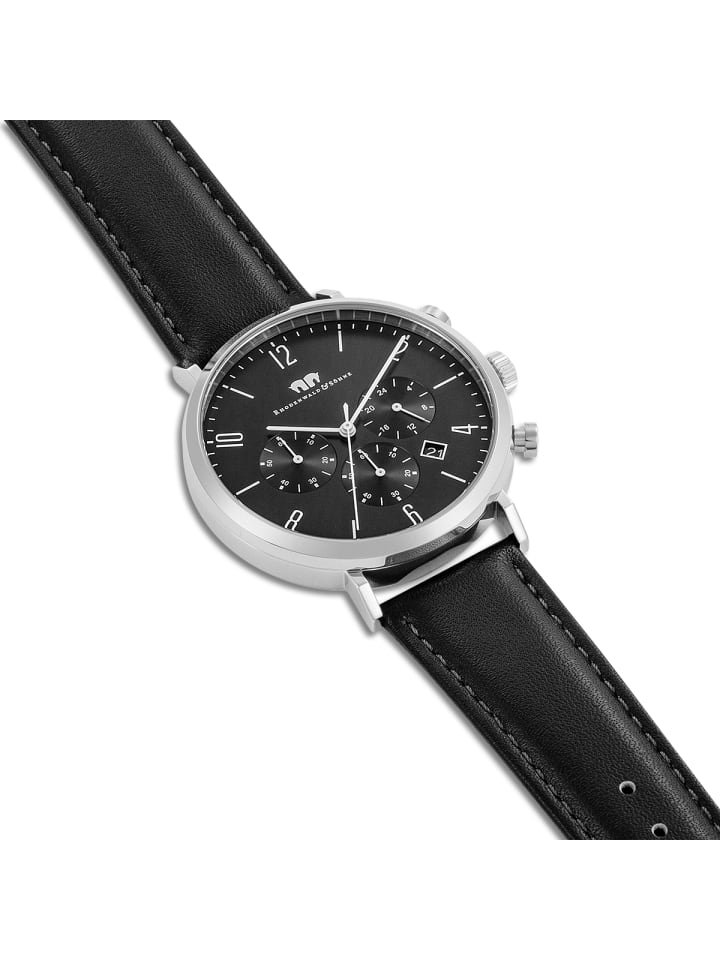 Rhodenwald & Söhne Herren Chronograph silber Echtleder schwarz in schwarz günstig kaufen 21 cm