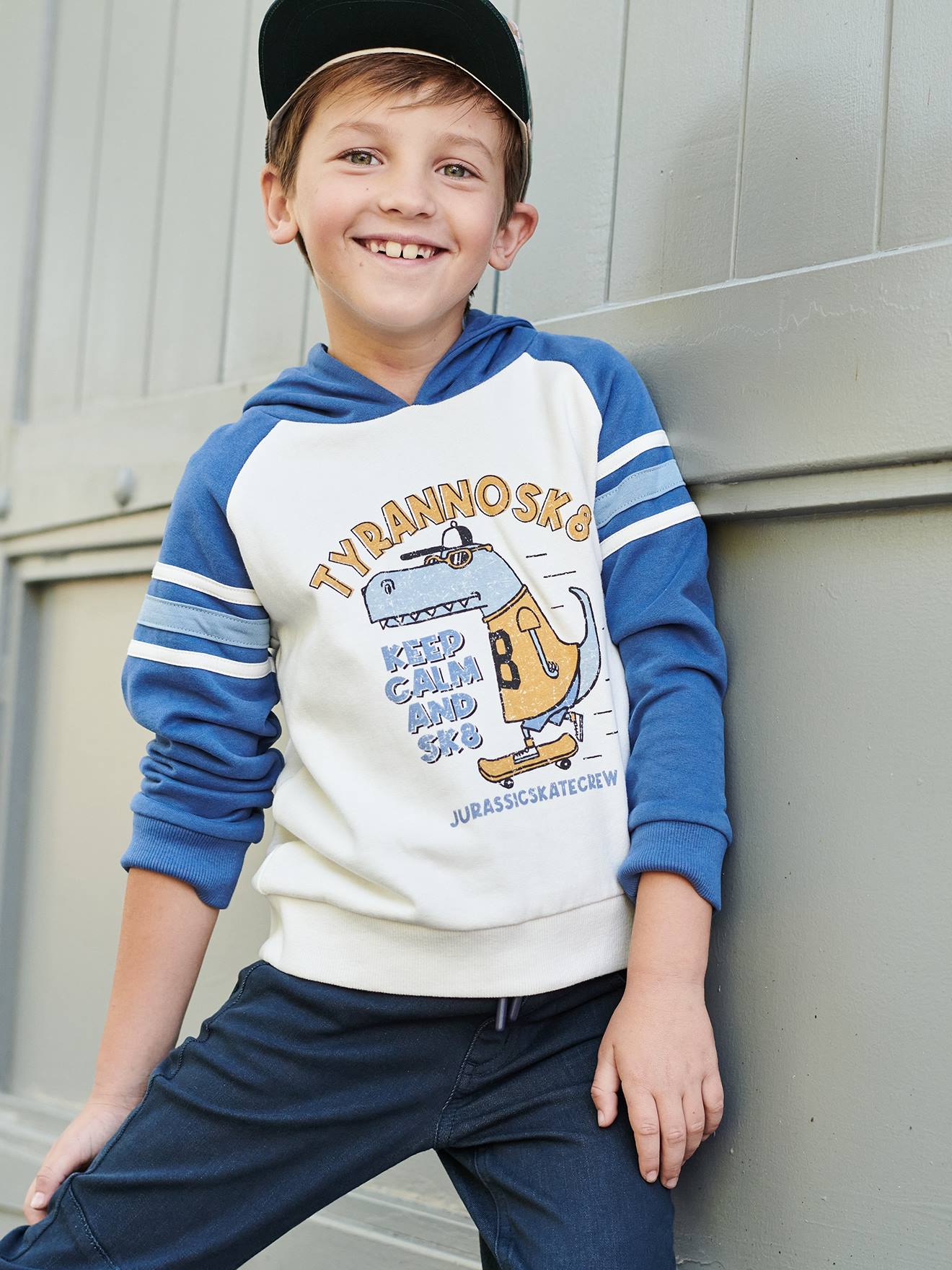 Sweat à capuche animations graphique garçon manches raglan bleu ardoise