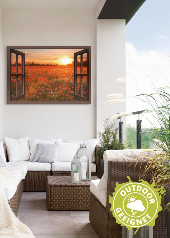 Alubild mit Fensterblick auf Mohnblumenfeld