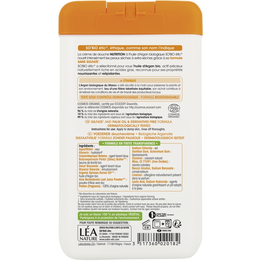 LÉA NATURE SO BiO étic Douche crème nutrition, à l'huile d'Argan bio, satine Douche crème
