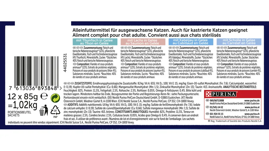 PURINA FELIX So gut wie es aussieht in Gelee Geschmacksvielfalt aus dem Wasser Katzennassfutter 12x85g Portionsbeutel 1020 g