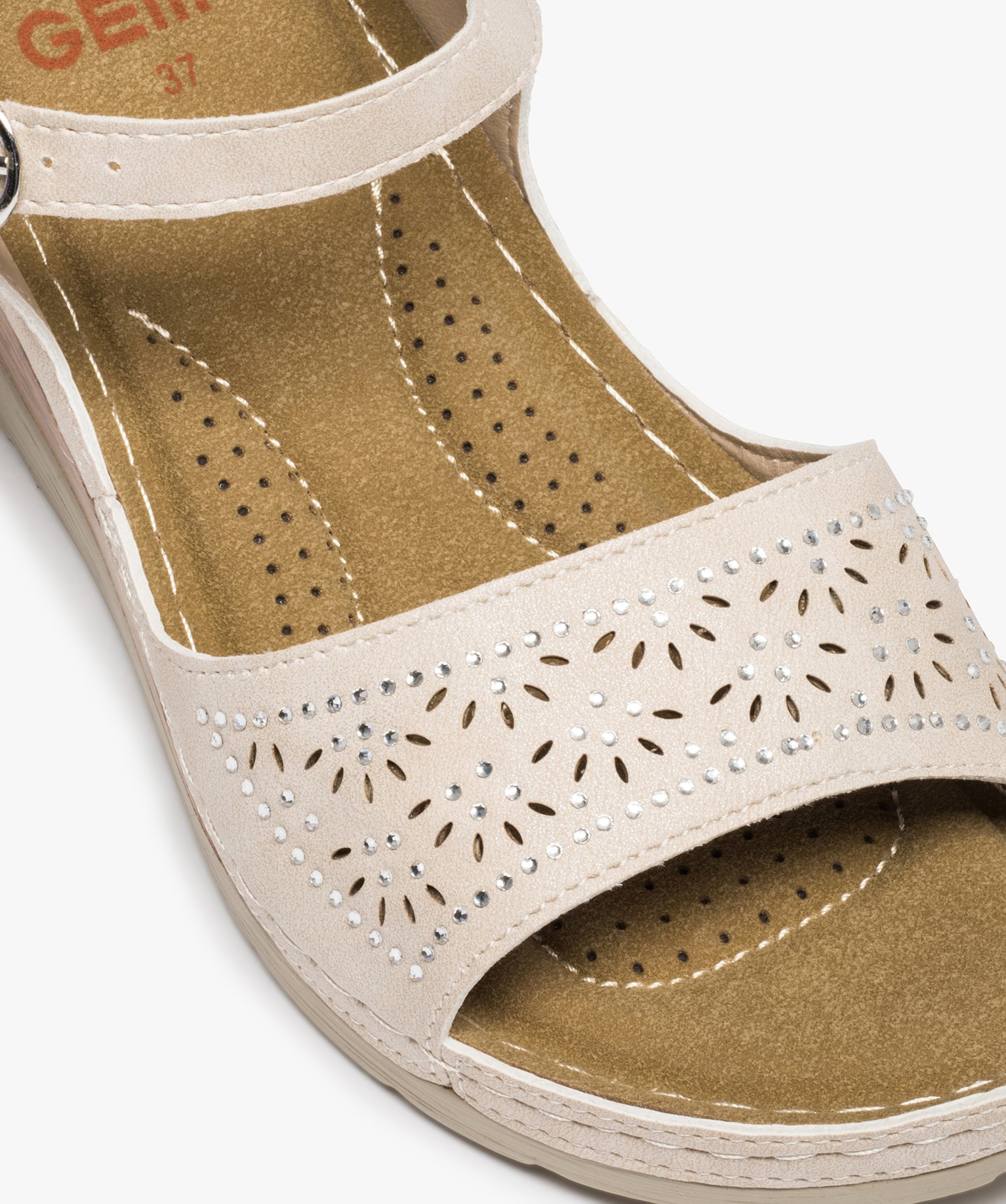 Sandales femme confort à talon dessus ajouré et strass beige | GEMO