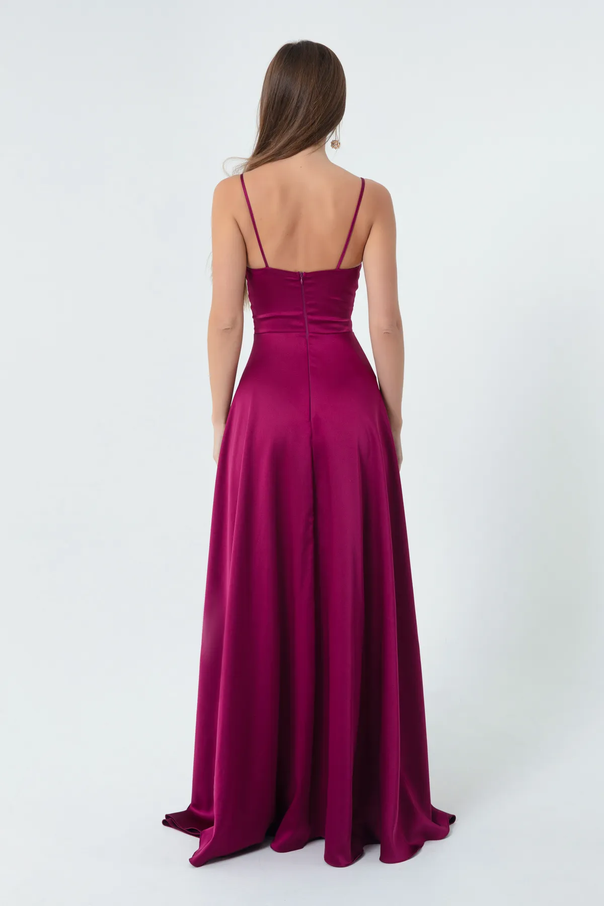 Lafaba  Pflaumenfarbenes langes Abendkleid und Abschlusskleid aus Satin mit Seilriemen und Taillengürtel für Damen