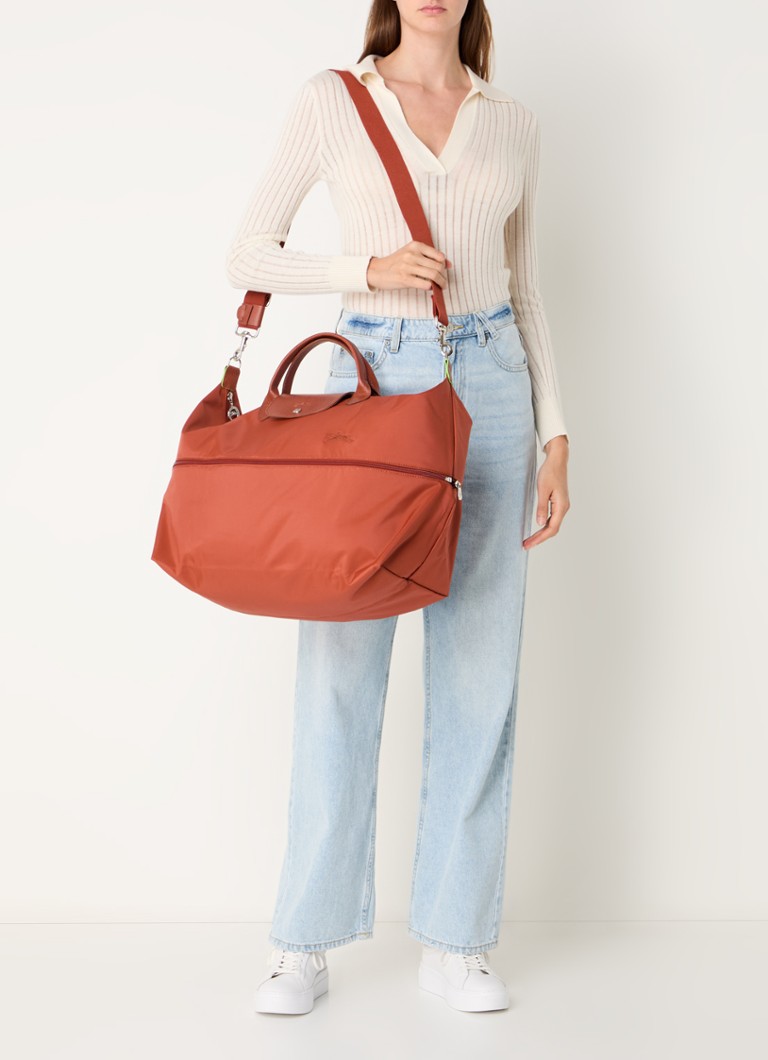 Longchamp Le Pliage Green laajennettava matkalaukku nahkayksityiskohdilla