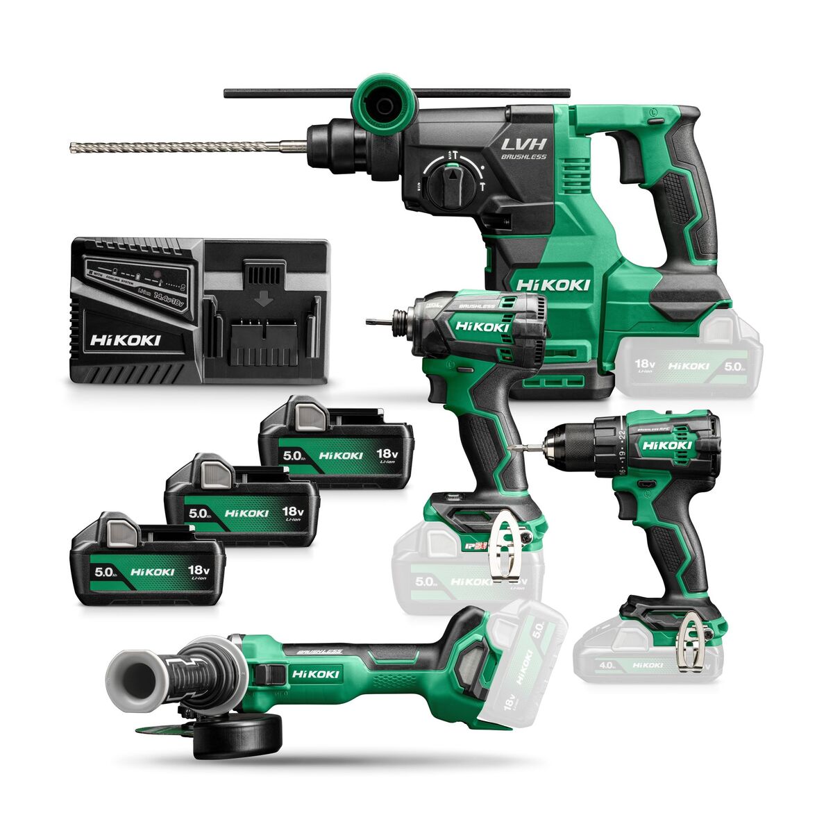 HiKOKI KC18DEWHZ Kombinirani set - akumulatorski vrtalnik DS18DE + udarni izvijač WR18DC + ostrilec G1813DA + kombinirano kladivo DH1826DA 18V 5,0Ah Li-Ion v torbici