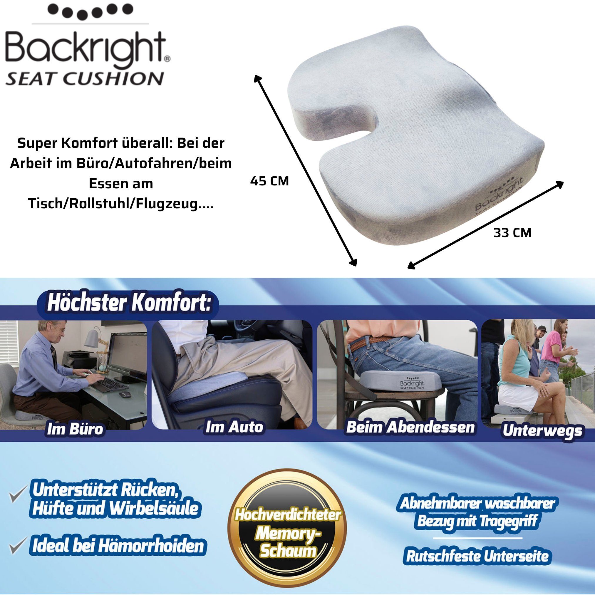 Best Direct® Sitzkissen Backright® Seat Cushion, Ergonomisch, Schmerzreduzierend, waschbar, 45x33cm
