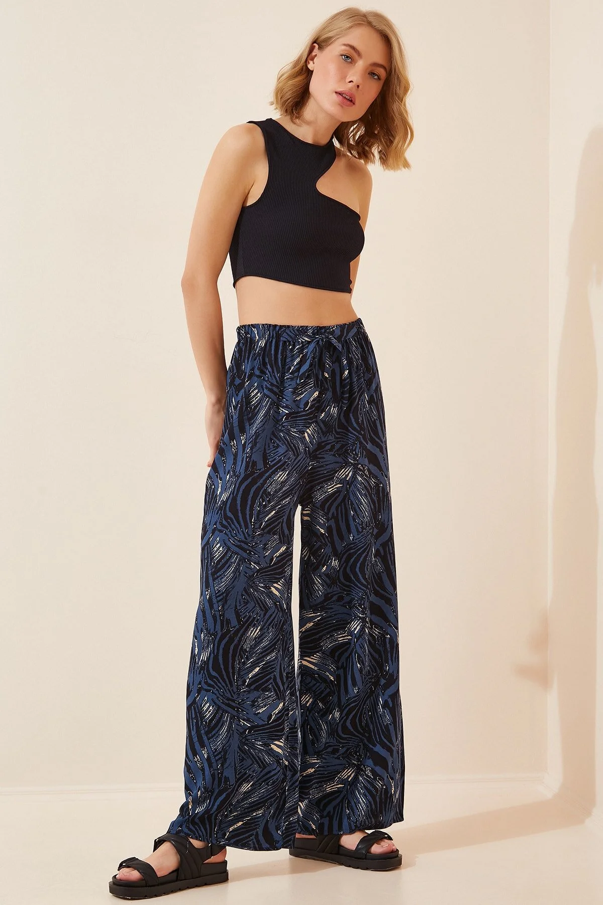 Happiness İstanbul  Damen-Sommerhose aus lockerer Viskose in Kobaltblau mit hoher Taille, BH00354