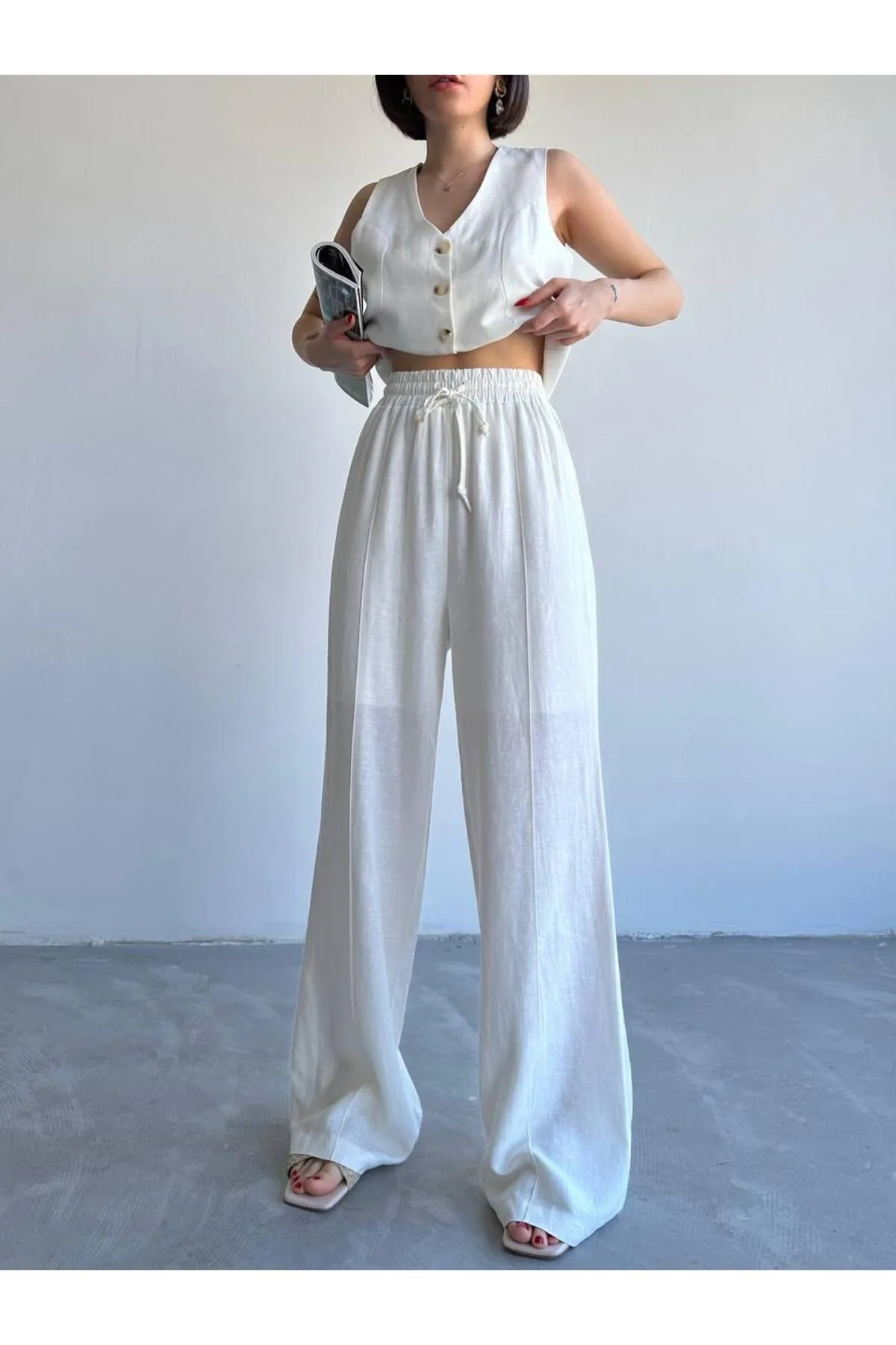 Laluvia  Ecru Lavin Weste-Hosen-Set aus 100 % Baumwollleinen