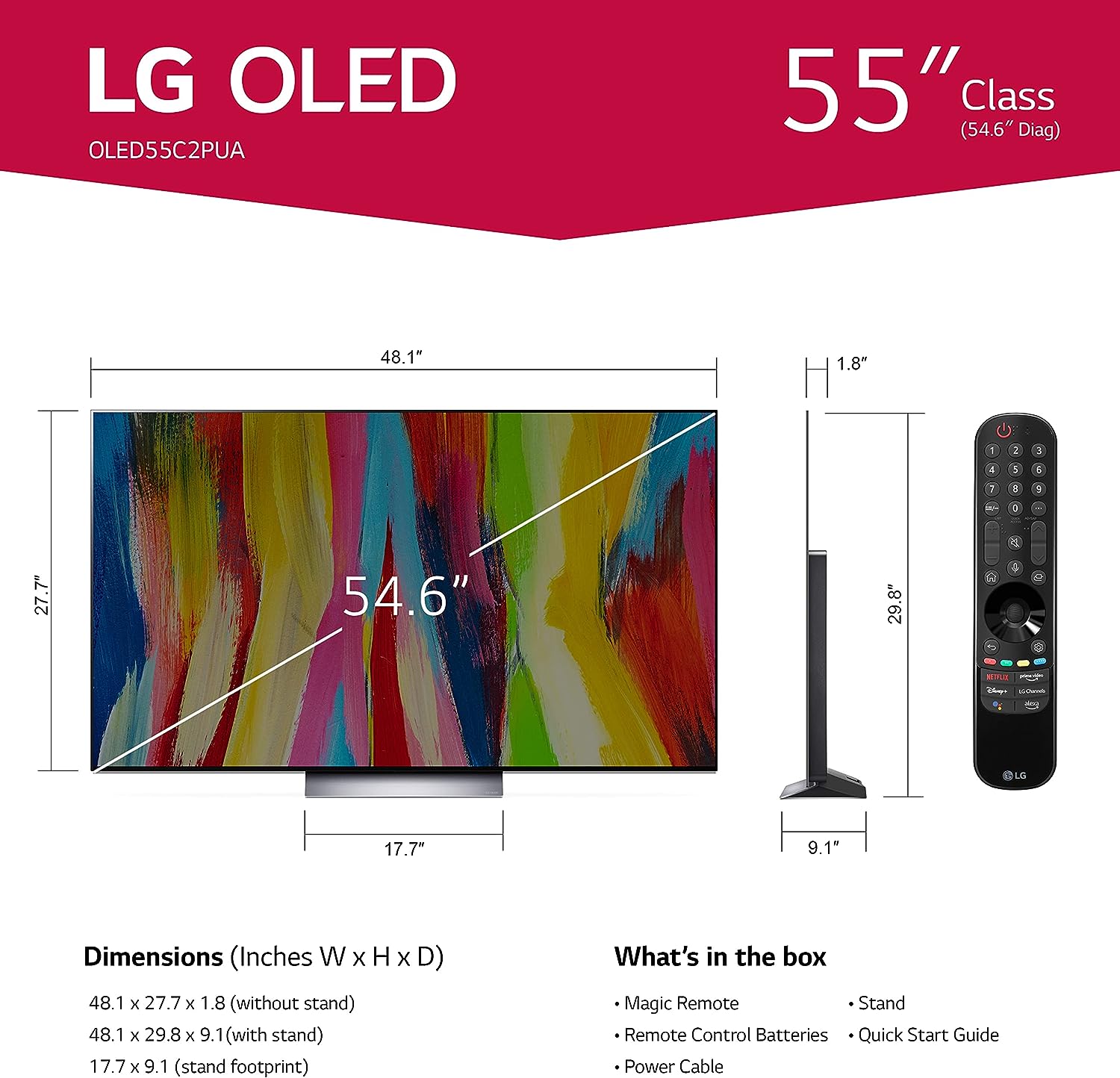 LG C2 Series 55-Inch Class OLED evo Smart TV OLED55C2PUA, 2022 - AI-Powered 4K TV, Alexa Built-in, Dark Silver