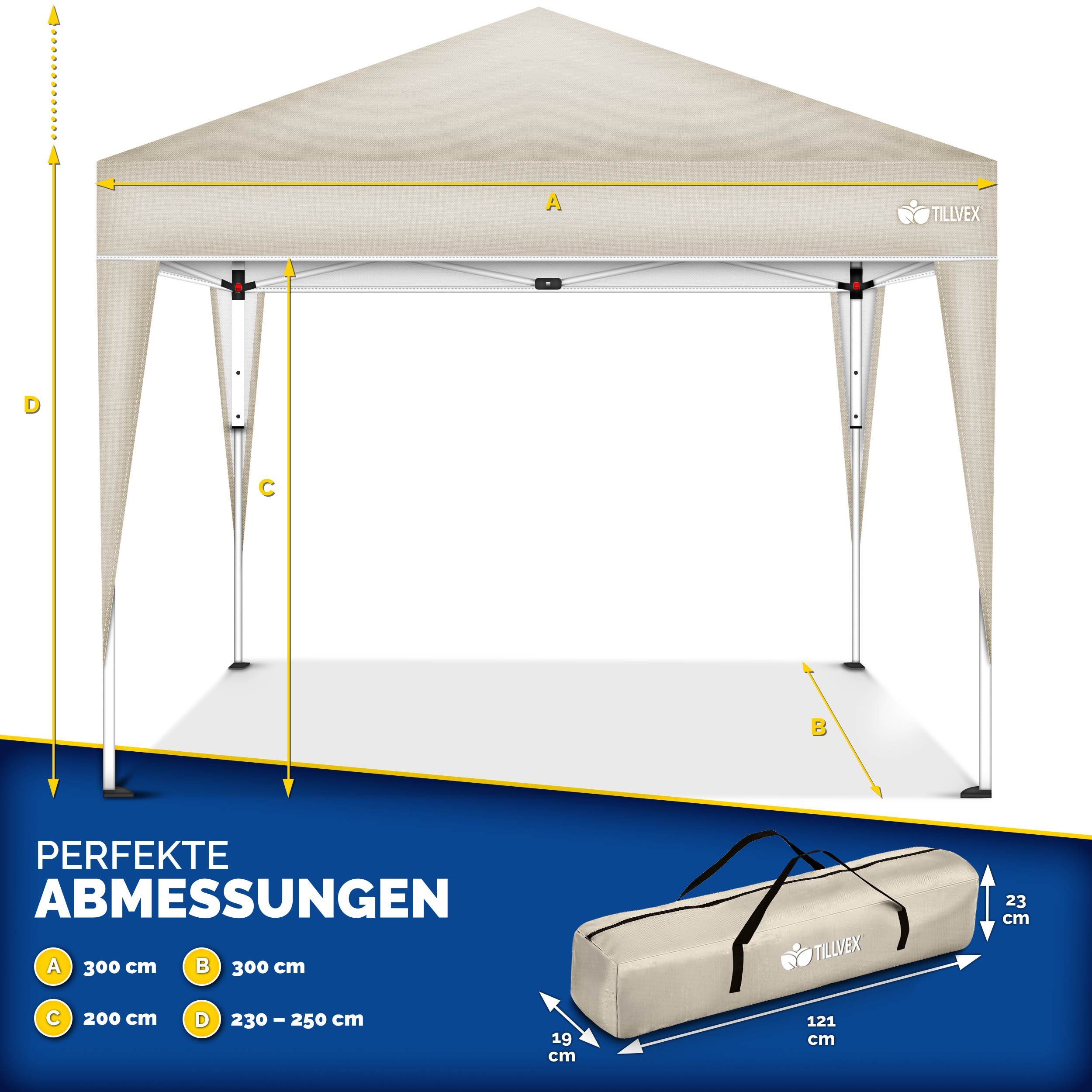 tillvex Pavillon Gartenpavillon 3x3m Wasserdicht Gartenzelt Pop Up, Wasserdicht, höhenverstellbar, UV Schutz 50+, inkl. Tasche