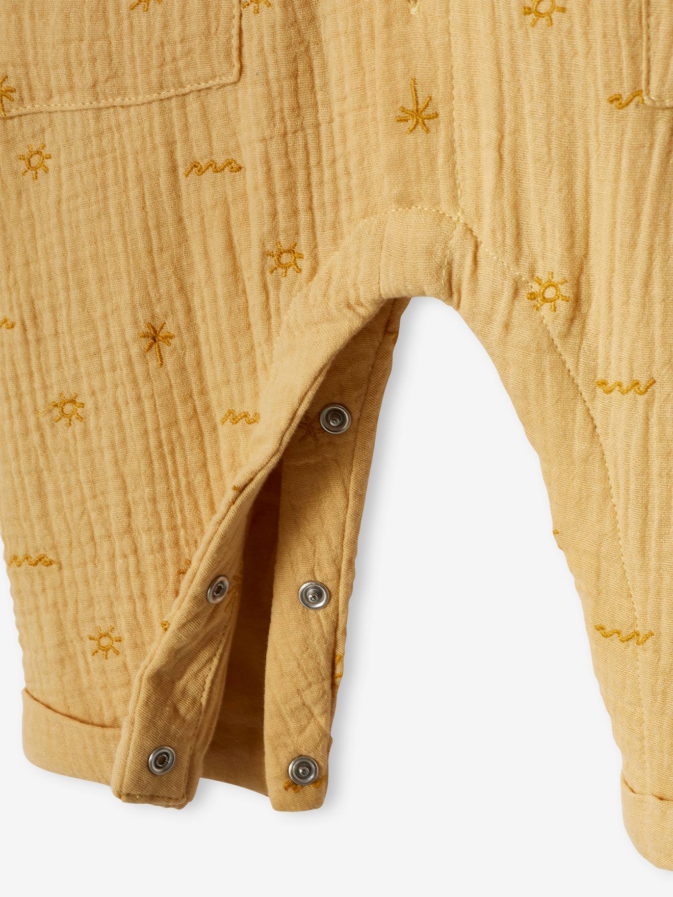 Combinaison bébé naissance garçon en gaze de coton brodée beige