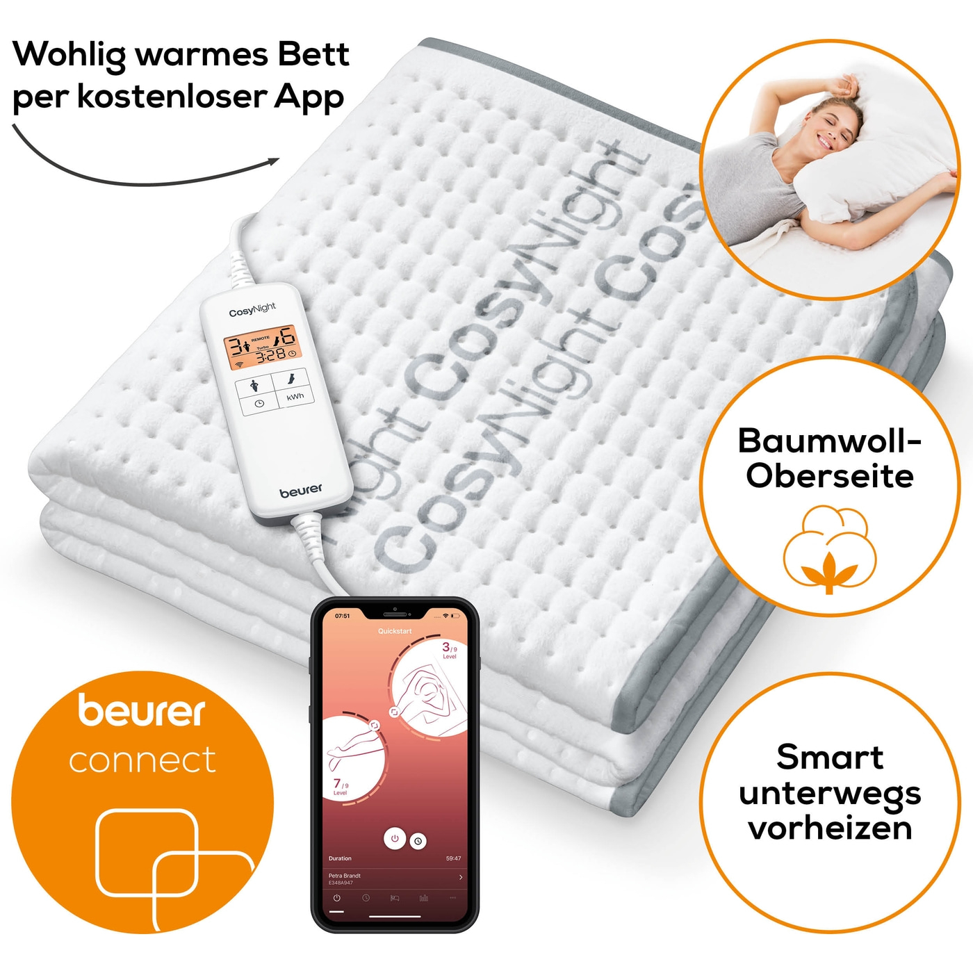 Beurer Komfort-Wärmeunterbett UB 190 CosyNight-App-gesteuertes Wärmeunterbett mit 2 Wärmezonen & Wärmerückschaltung - 150 x 80 cm