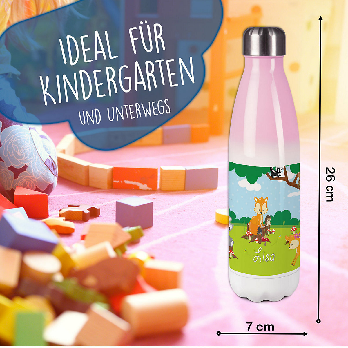 Edelstahl Kinder Thermoflasche / Trinkflasche bunt Waldtiere Spülmaschinenfest, Auslaufsicher, Bruchfest, Doppelwandig, Für Heißgetränke geeignet, Mit Deckel, Isoliert