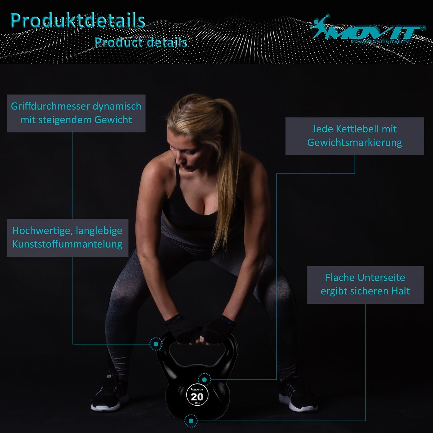 MOVIT Kettlebell Kettlebell Basic Schwunghantel Kugelhantel, (Hantel), mit bodenschonender Kunststoffummantelung, Gewicht von 1 kg bis 24 kg