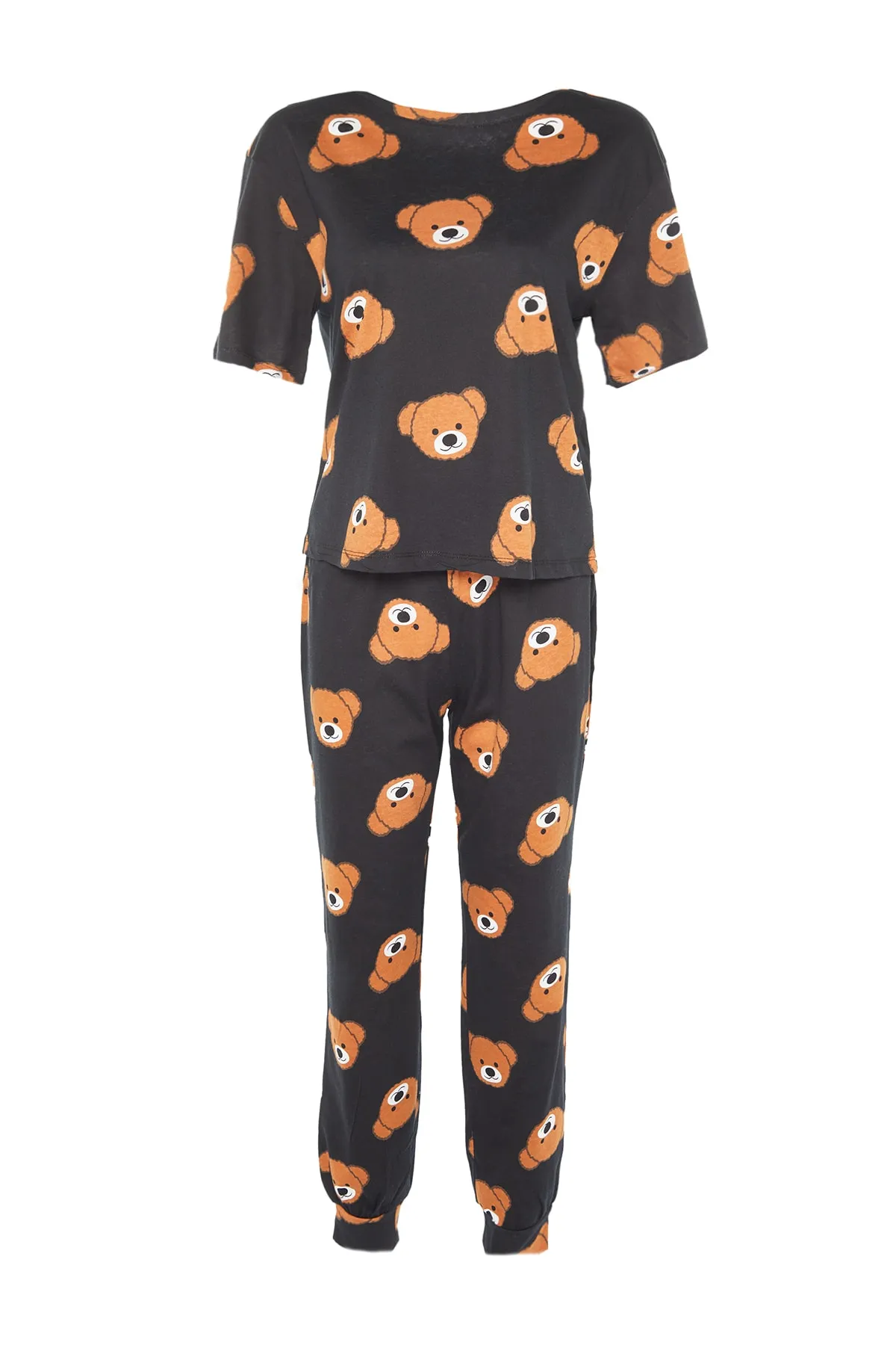 Trendyol Collection  Schwarzes Strick-Pyjama-Set aus 100 % Baumwolle mit Teddybär-Muster, T-Shirt und Hose THMSS21PT0195