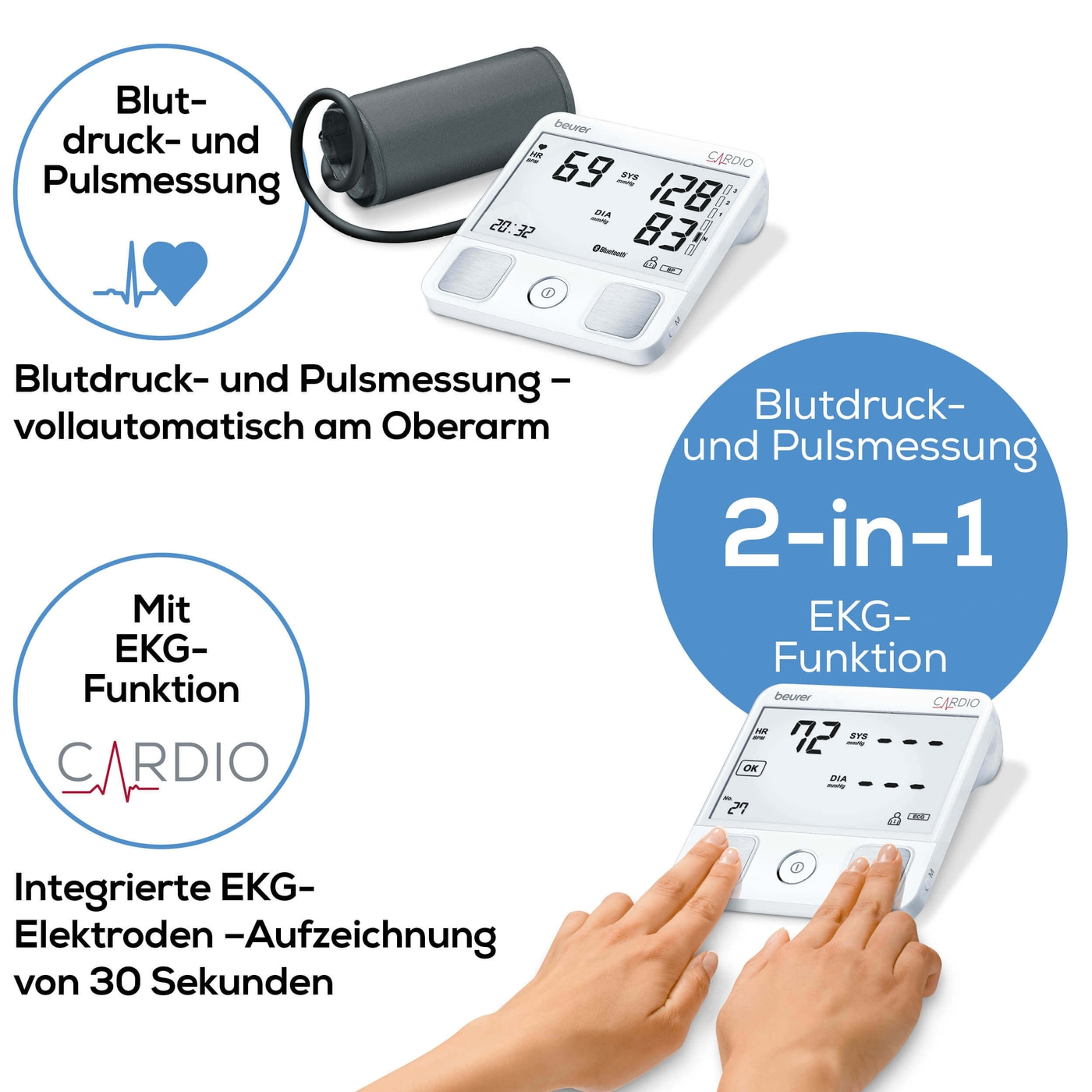 Beurer Oberarm-Blutdruckmessgerät BM 93 mit EKG Funktion-Bluetooth® Oberarm-Blutdruckmessgerät mit Risiko-Indikator & EKG-Fingersensor