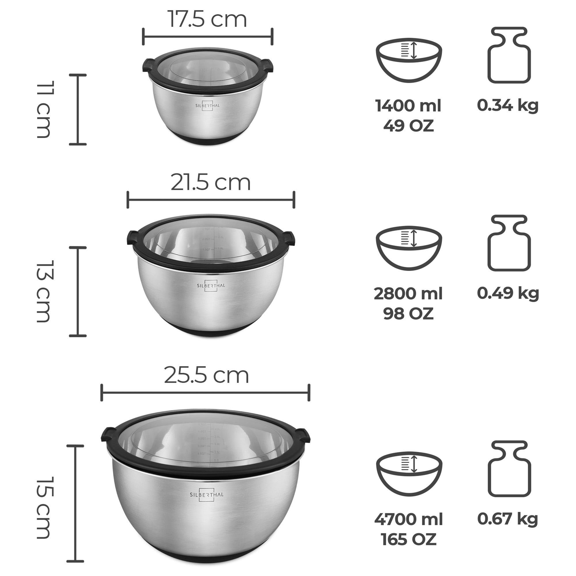 SILBERTHAL Salatschüssel Schüssel-Set mit Deckel, Edelstahl, (3-tlg), Rutschfest dank Silikonboden, mit integrierter Skala