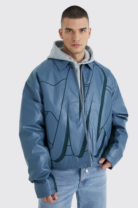 Tall kastige PU-Bomberjacke mit Kontrast-Stickerei
