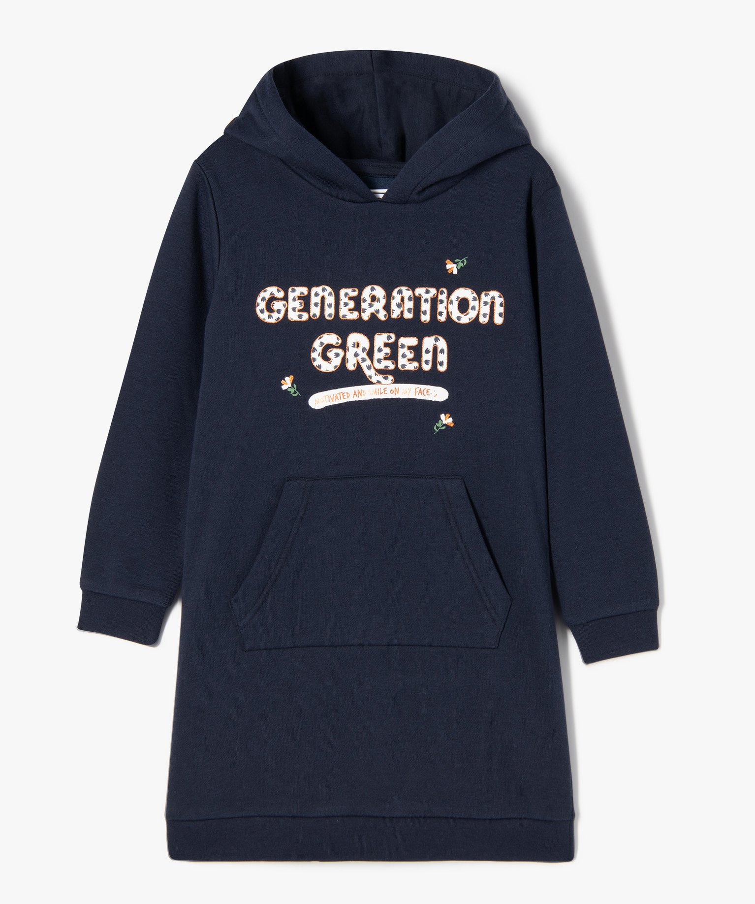 Robe sweat à capuche fille à motifs fleuris marine | GEMO