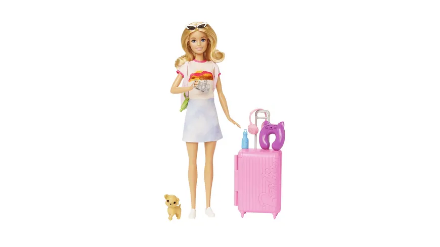 Barbie Reise-Puppe (blond), Anziehpuppe mit Hund & Urlaubs-Zubehör