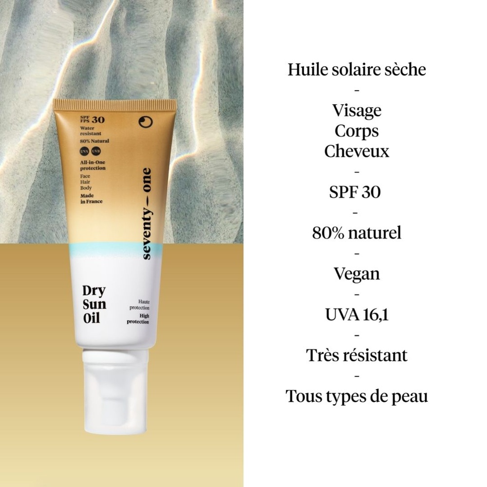 seventyOne percent Dry Sun Oil Huile sèche 3 en 1 SPF30 Huile/Cheveux,Corps,Visage/Protection solaire