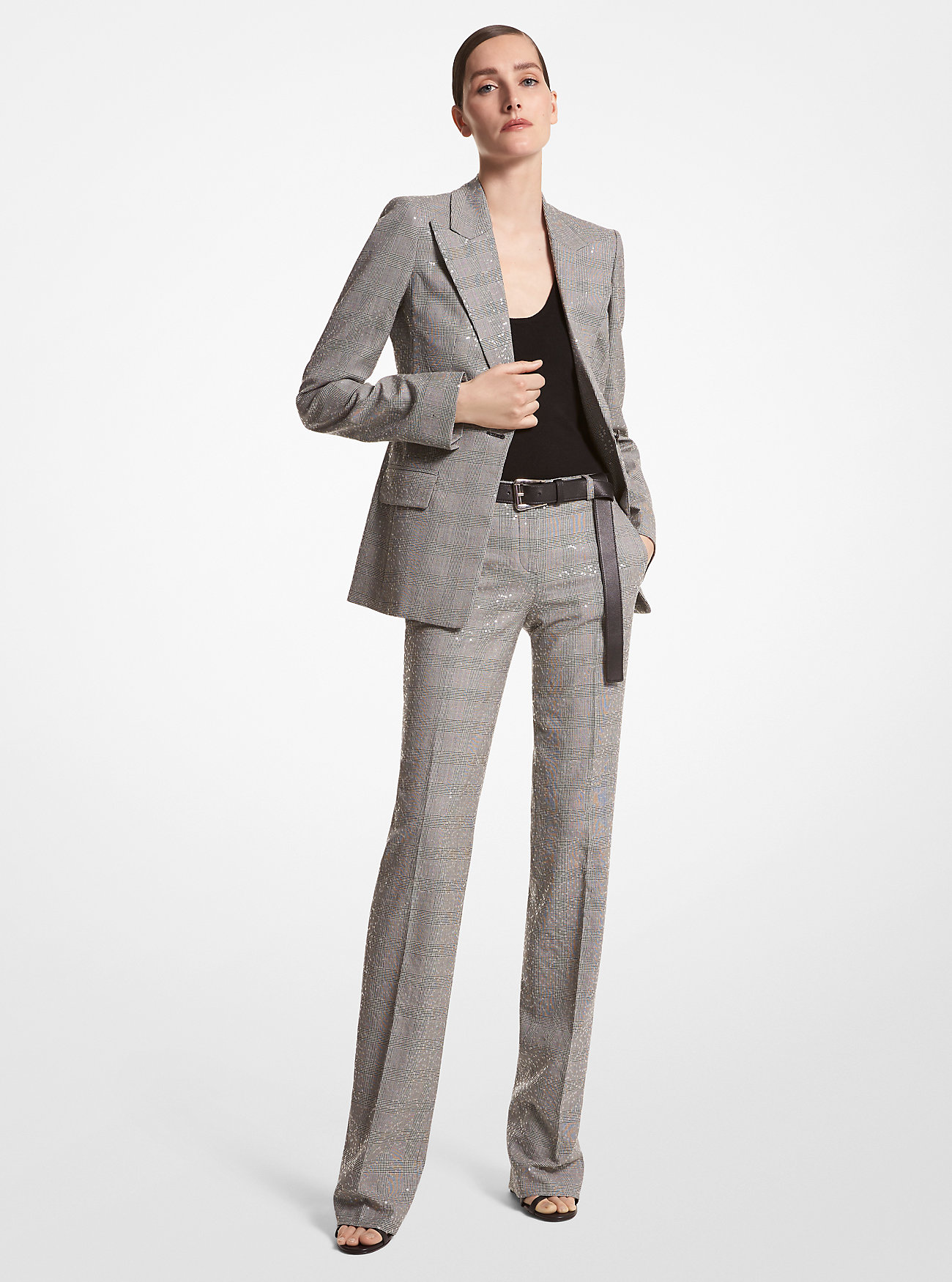 Georgina Embroidered Glen Plaid Stretch Wool Blazer - BLACK/WHITE