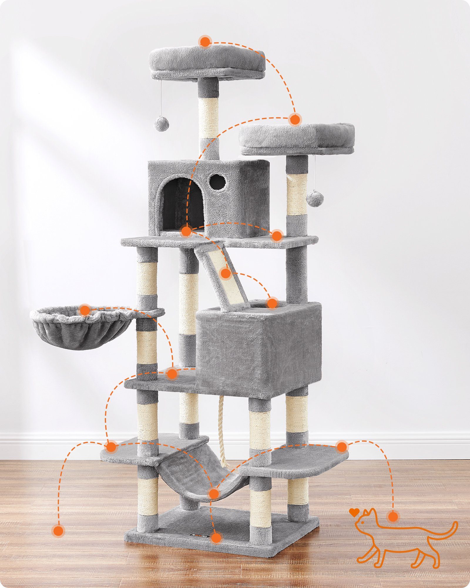 FEANDREA Kratzbaum, Katzenbaum,168cm,mehrstöckig für große Katzen,Kippschutz