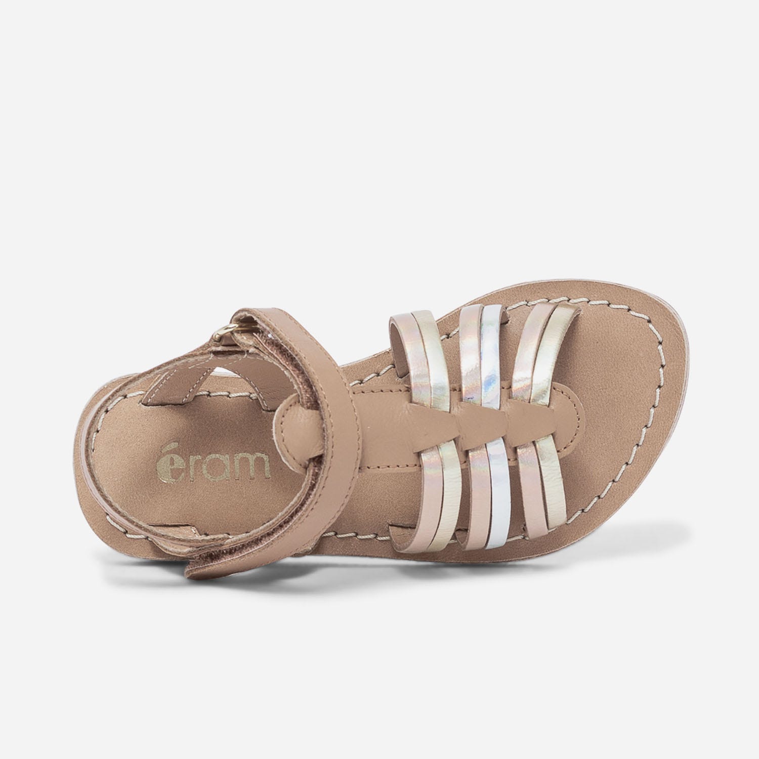 Sandale camel en cuir à brides cuivrée, argent et or