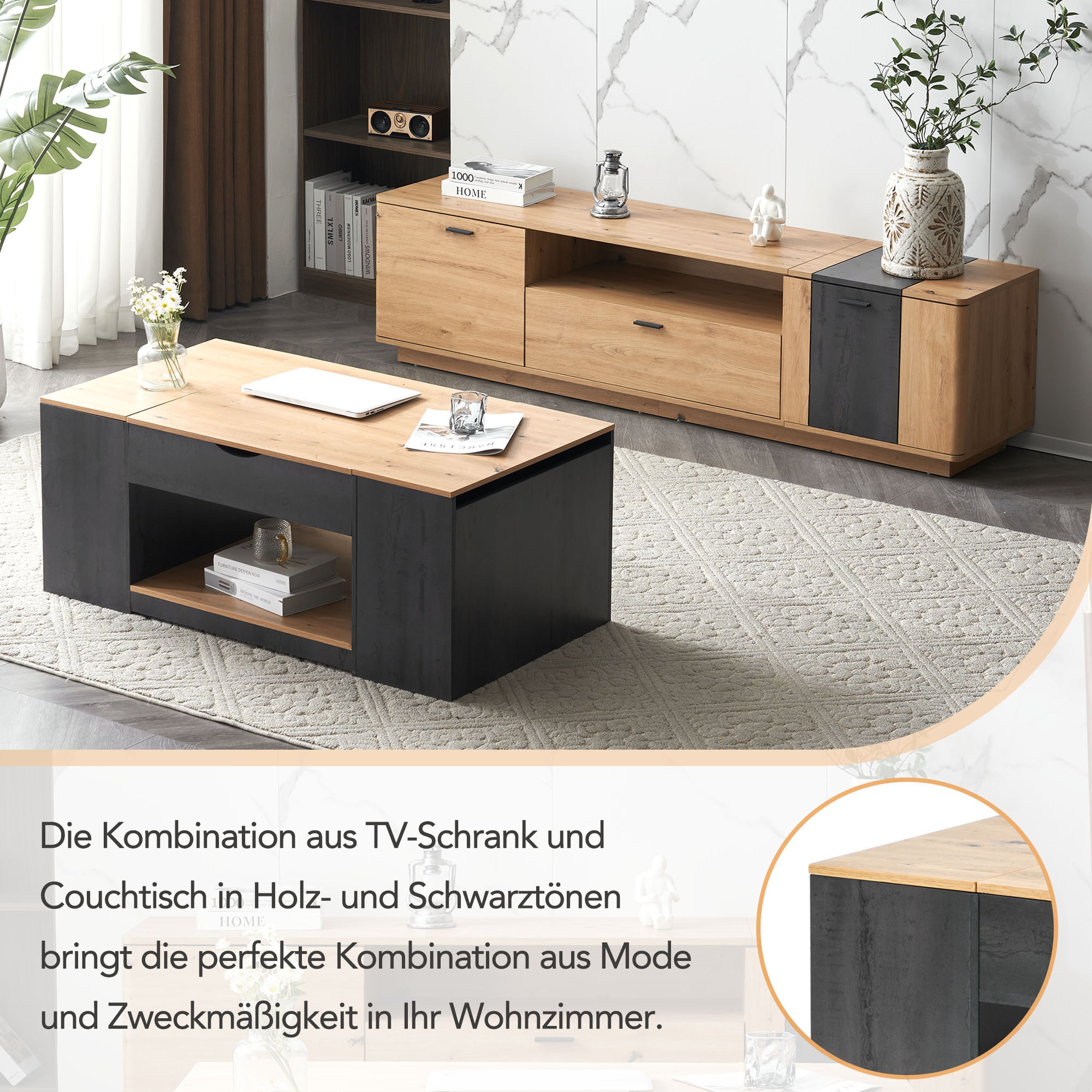 BlingBin Couchtisch Wohnzimmertisch (1-St., mit Liftfunktion, Stauraum unter der Tischplatte), Hubauszugstischplatte, 3 versteckte Fächer, ein offener Stauraum