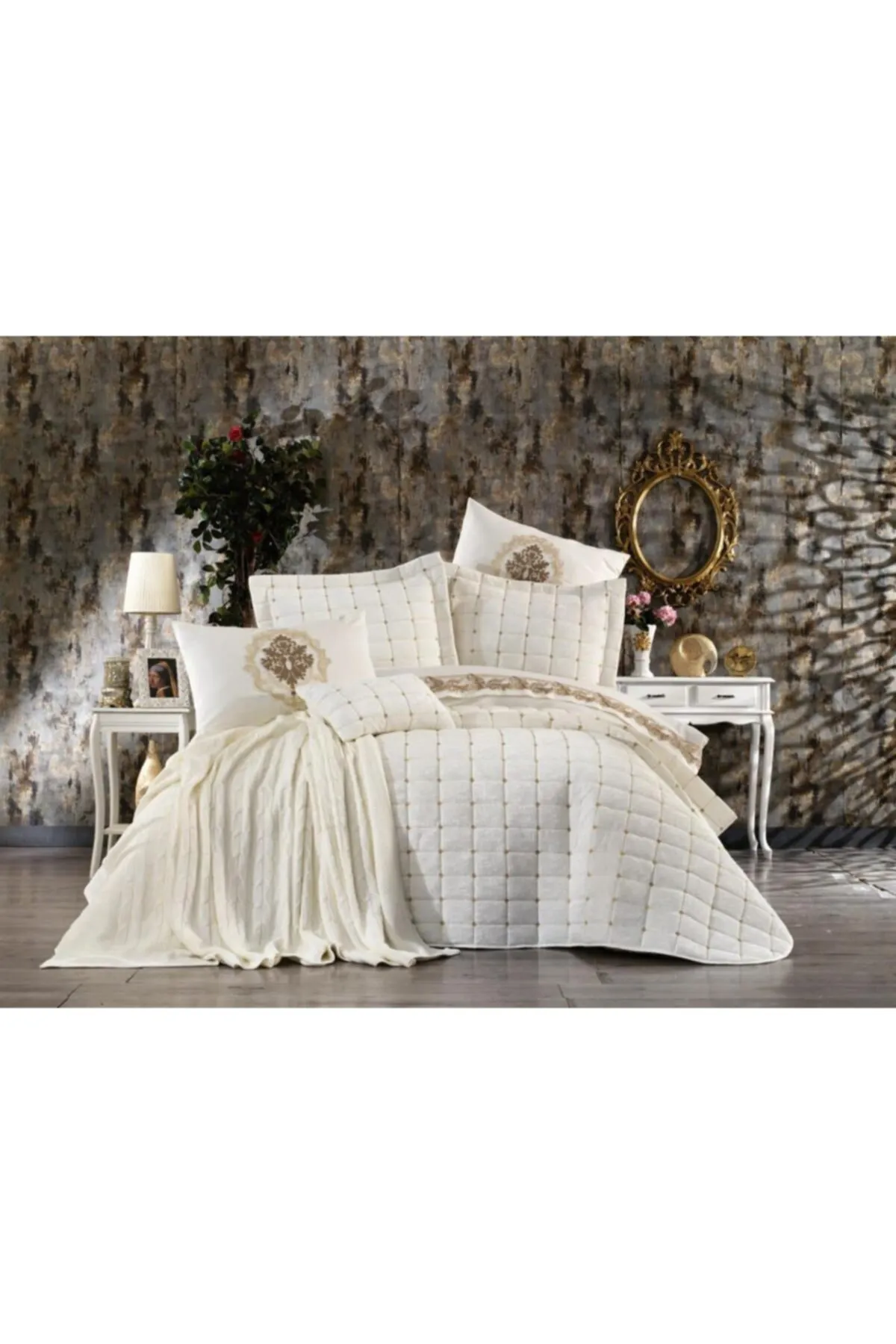 Çeyiz Diyarı  Laila Doppelbett-Bettbezug, Tagesdecke, 8-teilig – Weinrot