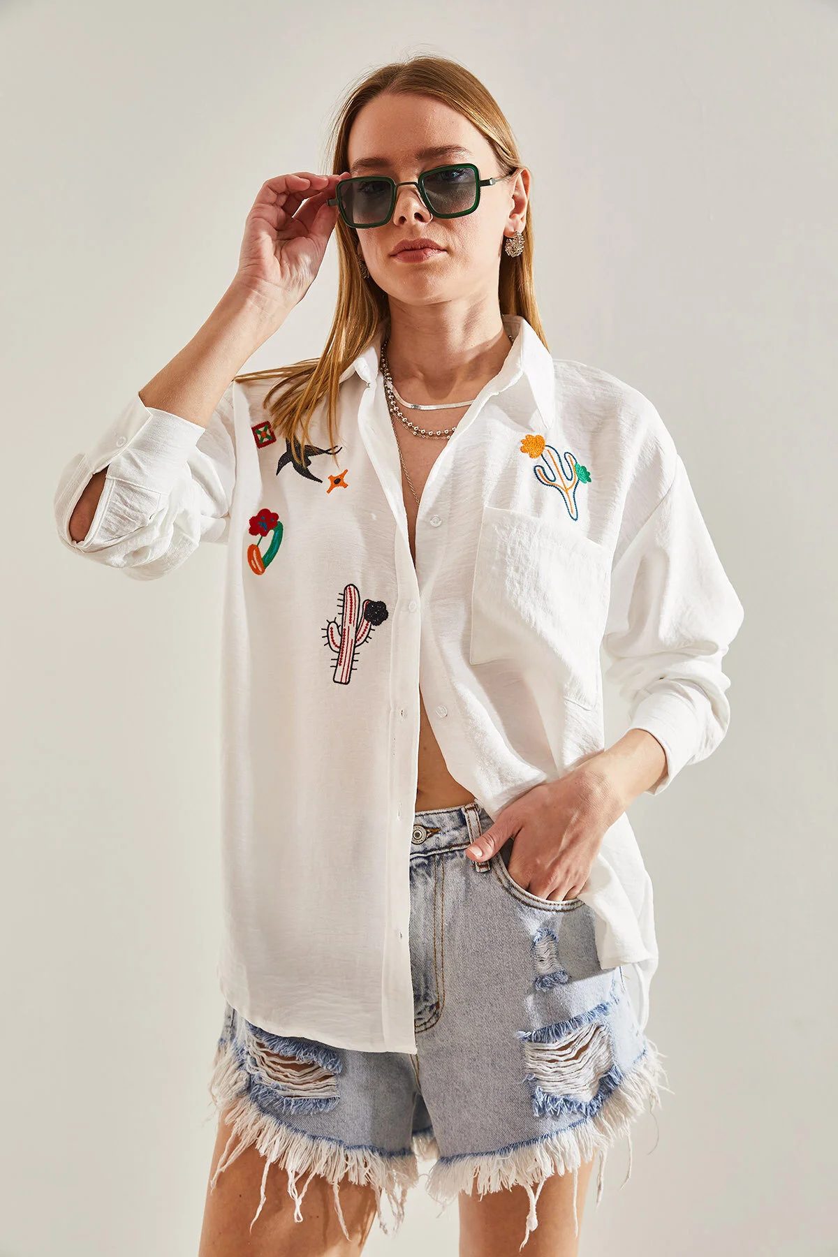 Bianco Lucci  Damen besticktes Leinenhemd
