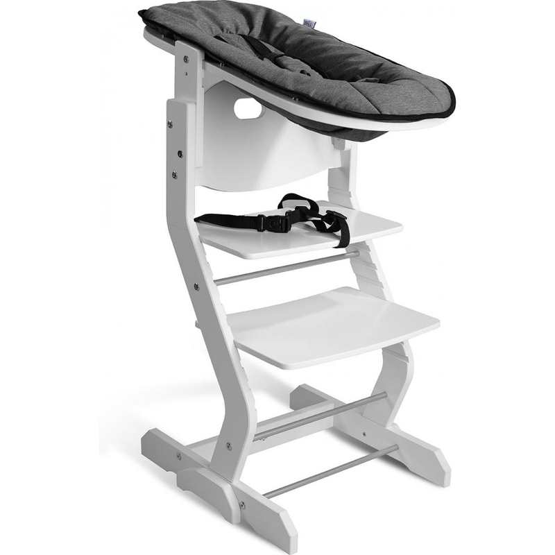 Chaise haute avec attache bébé et plateau blanc