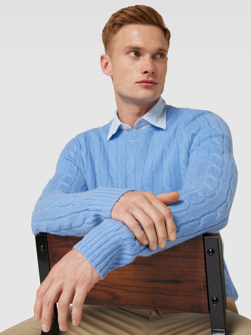 Strickpullover mit Zopfmuster Modell 'CABLE' in hellblau meliert